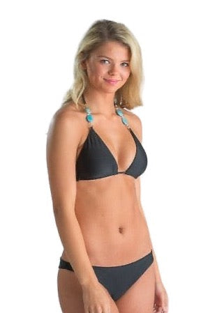 Azure Swimwear two piece Bermuda Triangle top with Mykonos bottom in our Charcoal Black color. This swimsuit is seamless and accented with Aqua blue gemstone beads. The design of this bikini is a triangle top, this style offers best support. Bottom is slim fitting. The bottom is available in minimal coverage. Model is standing in front of white background.